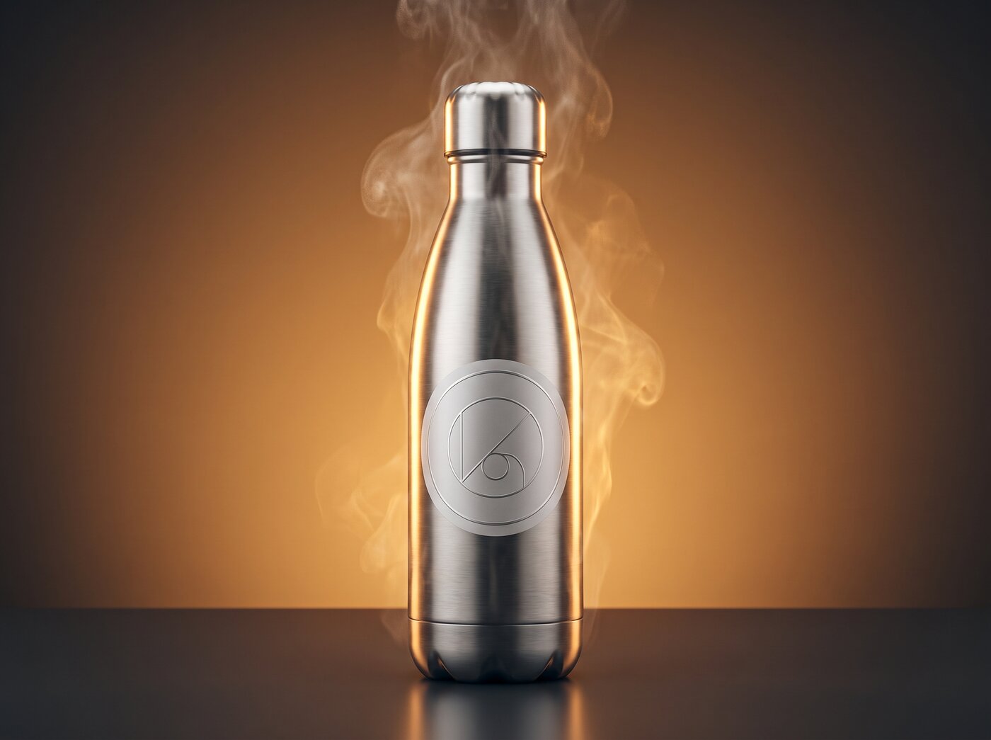 A metallic PET film label staying crisp on a hot stainless-steel bottle amid rising steam and heat