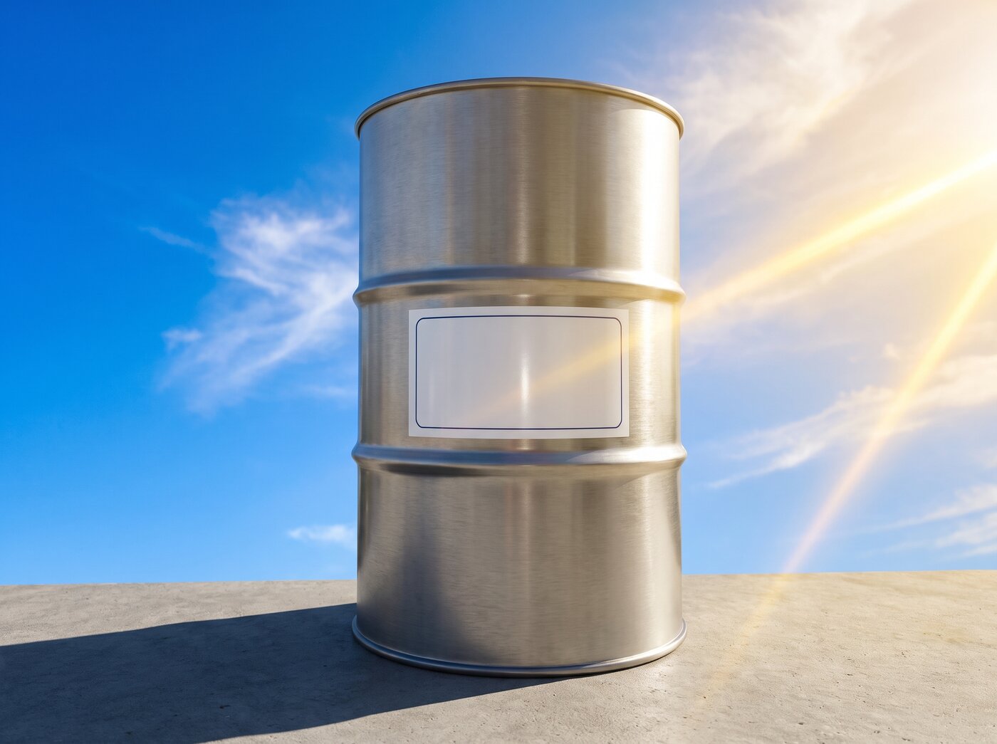 A weatherproof vinyl film label staying vivid and unfaded on a steel drum under harsh outdoor sunlight