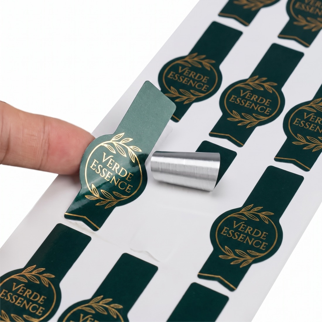 Custom printed product label roll on a studio backdrop, made by Euphora