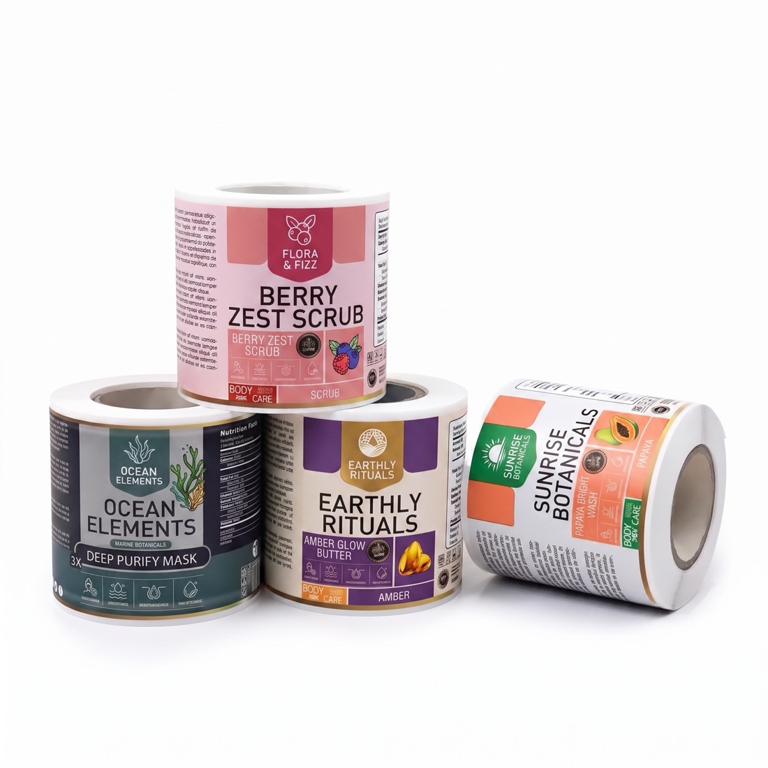 Custom printed product label roll on a studio backdrop, made by Euphora