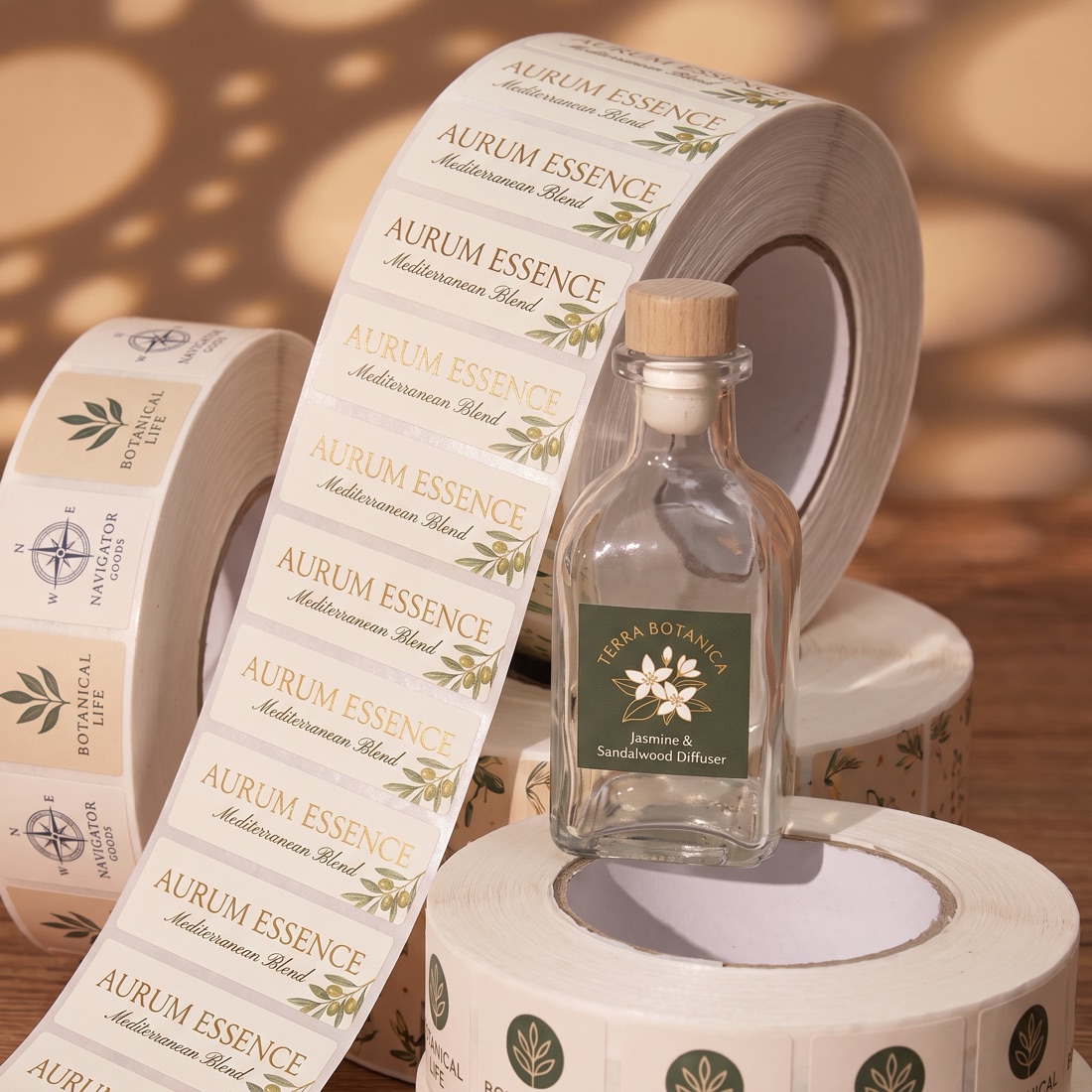 Custom printed product label roll on a studio backdrop, made by Euphora