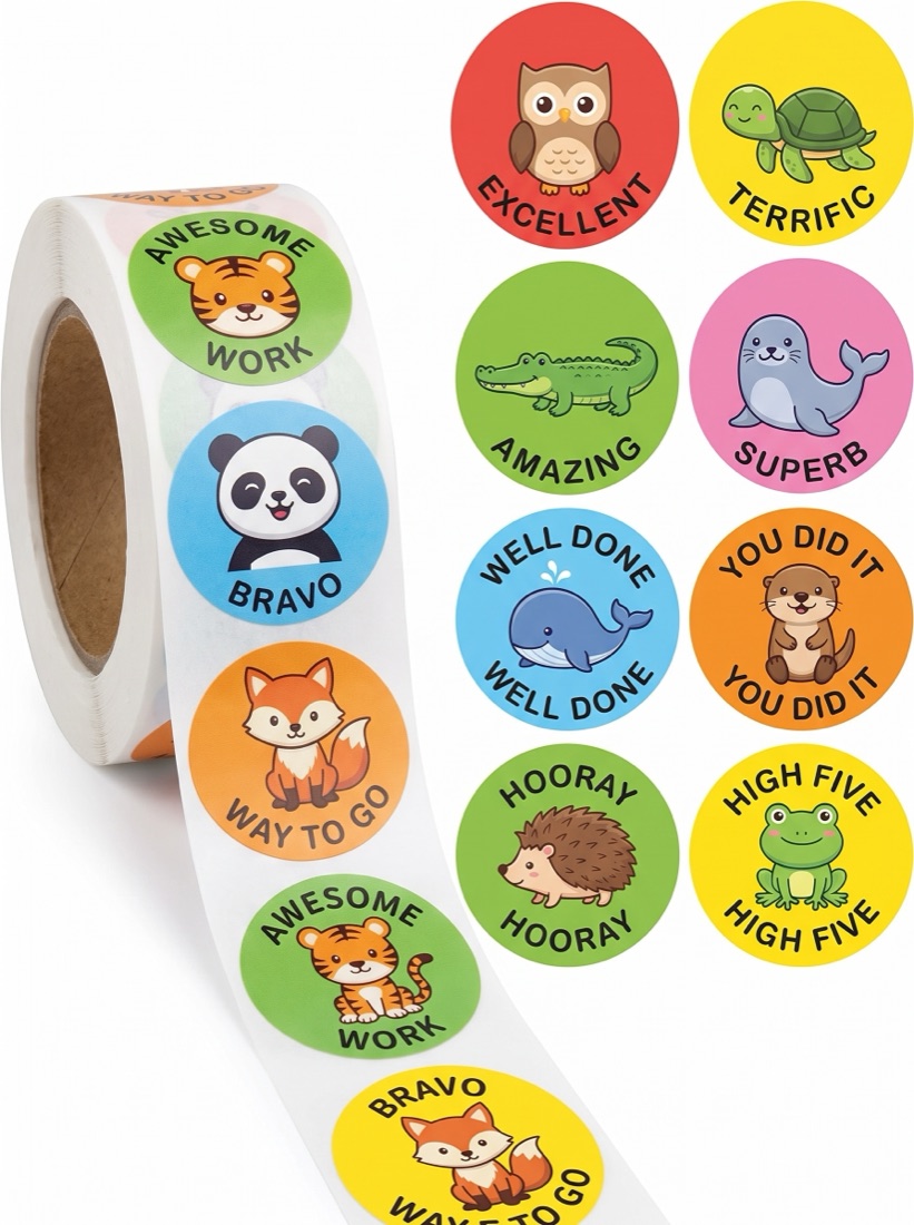 Roll of custom die-cut reward stickers with original artwork by Euphora