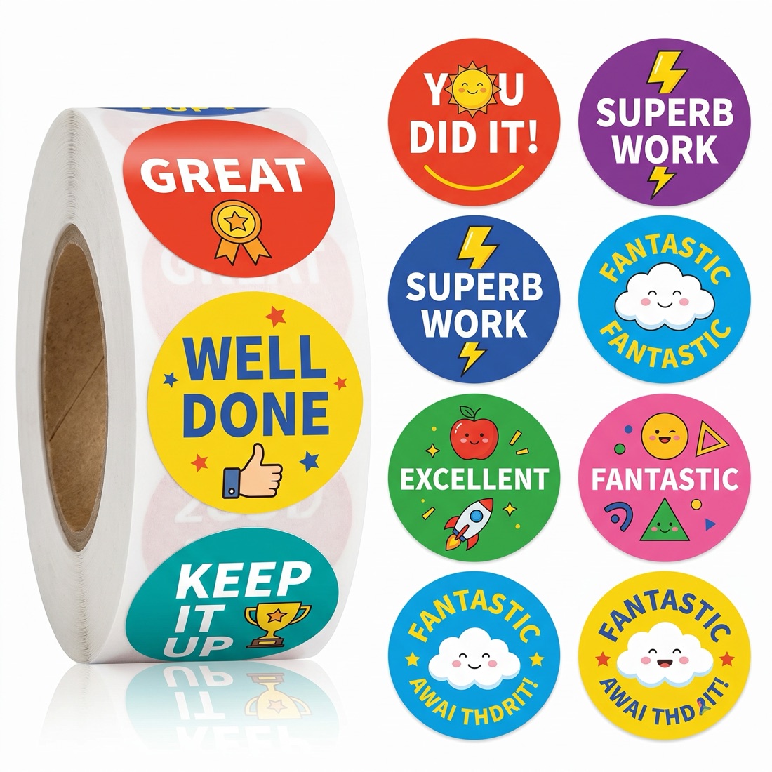 Roll of custom die-cut reward stickers with original artwork by Euphora