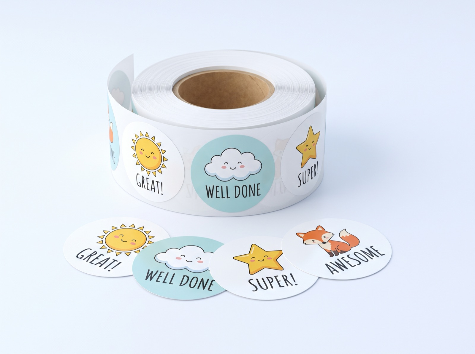 Roll of custom die-cut reward stickers with original artwork by Euphora