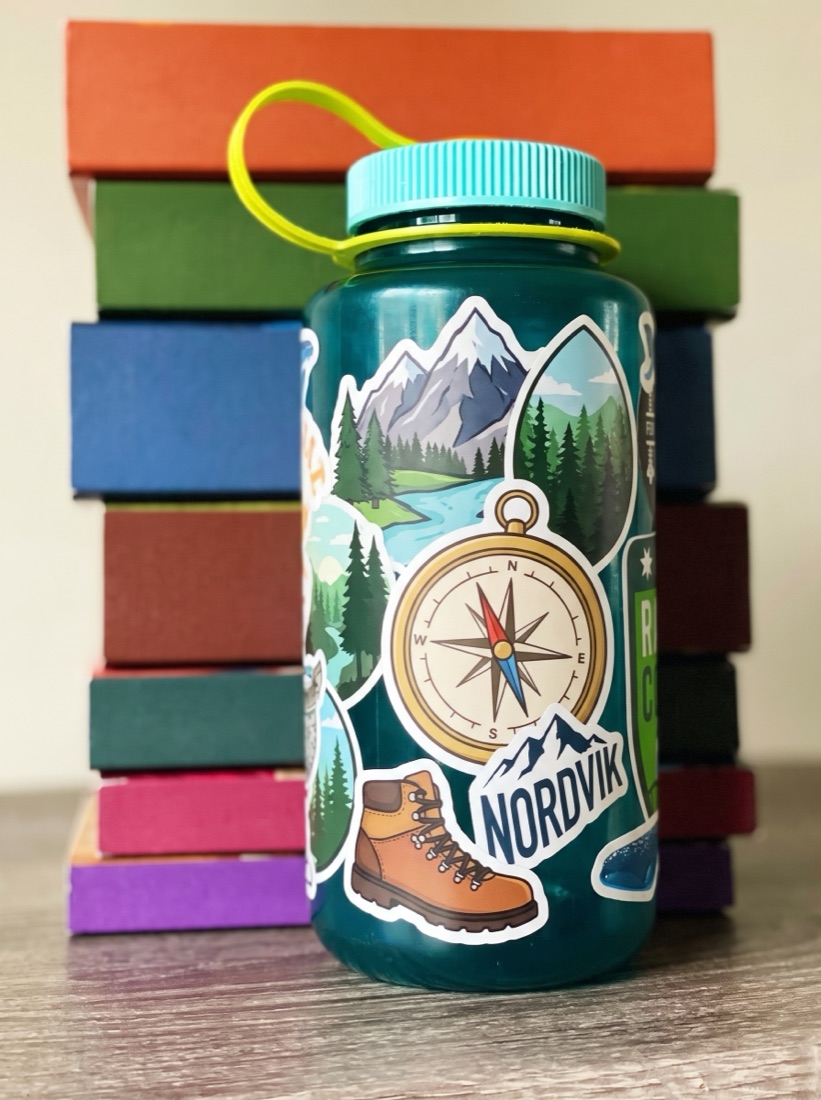 Reusable drink bottle decorated with custom stickers