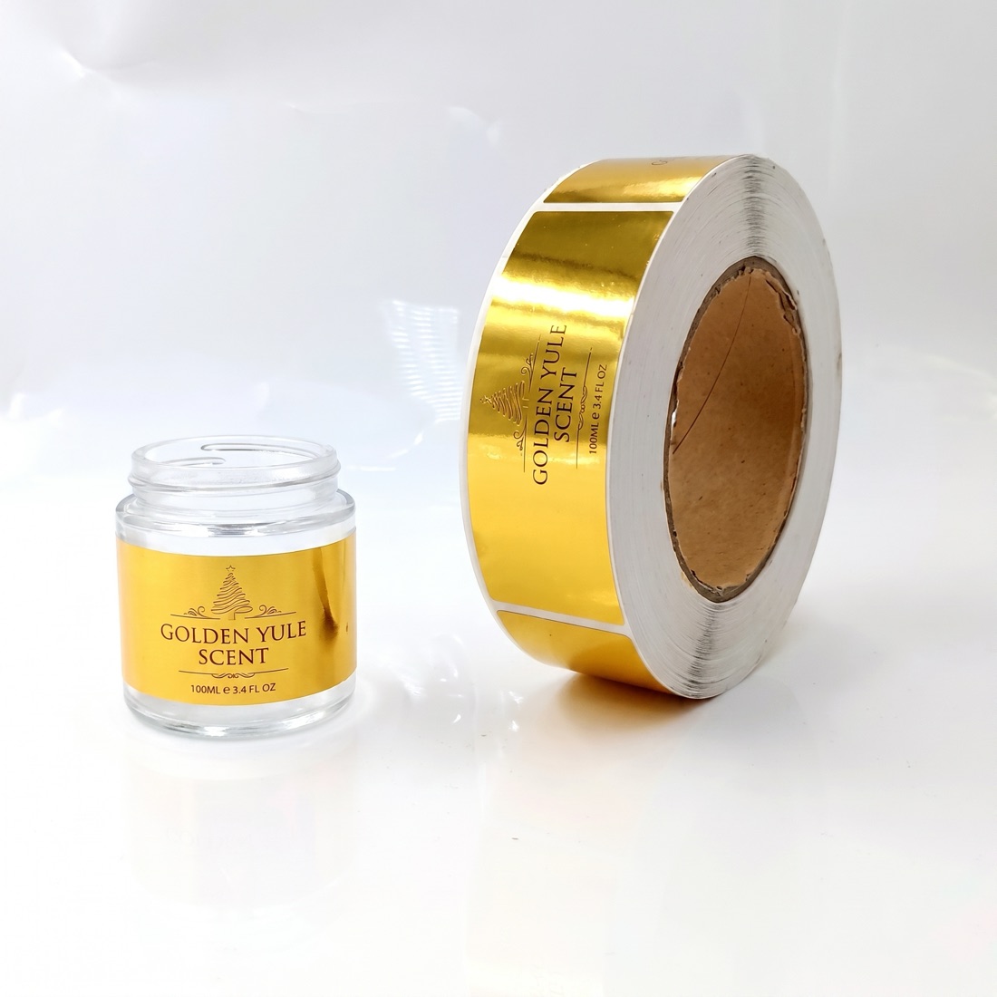 Gold-foil custom label with a metallic finish, printed by Euphora