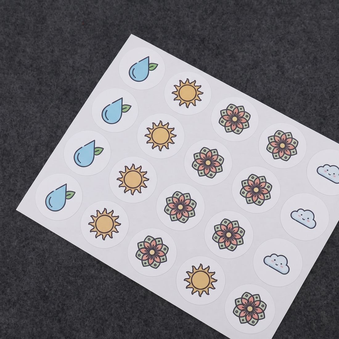 Kiss-cut sticker sheet with a grid of custom icons, printed by Euphora
