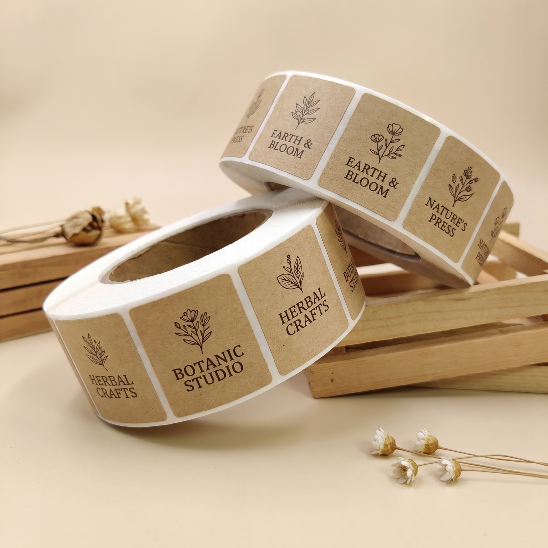 Kraft-paper label with botanical line-art for craft and wellness brands